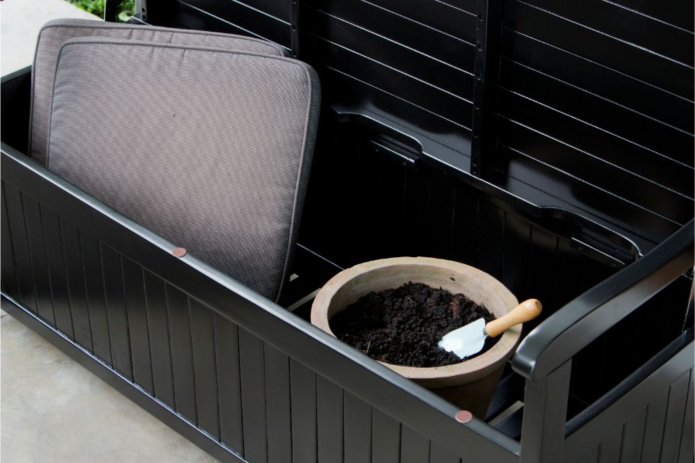 The detail of the storage bench in the backyard